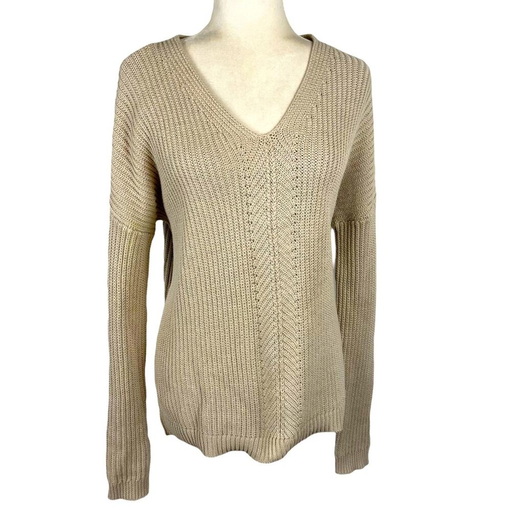 Vince Ribbed Knit Directional V-neck 100% Cotton Pullover Sweater Neutral XS